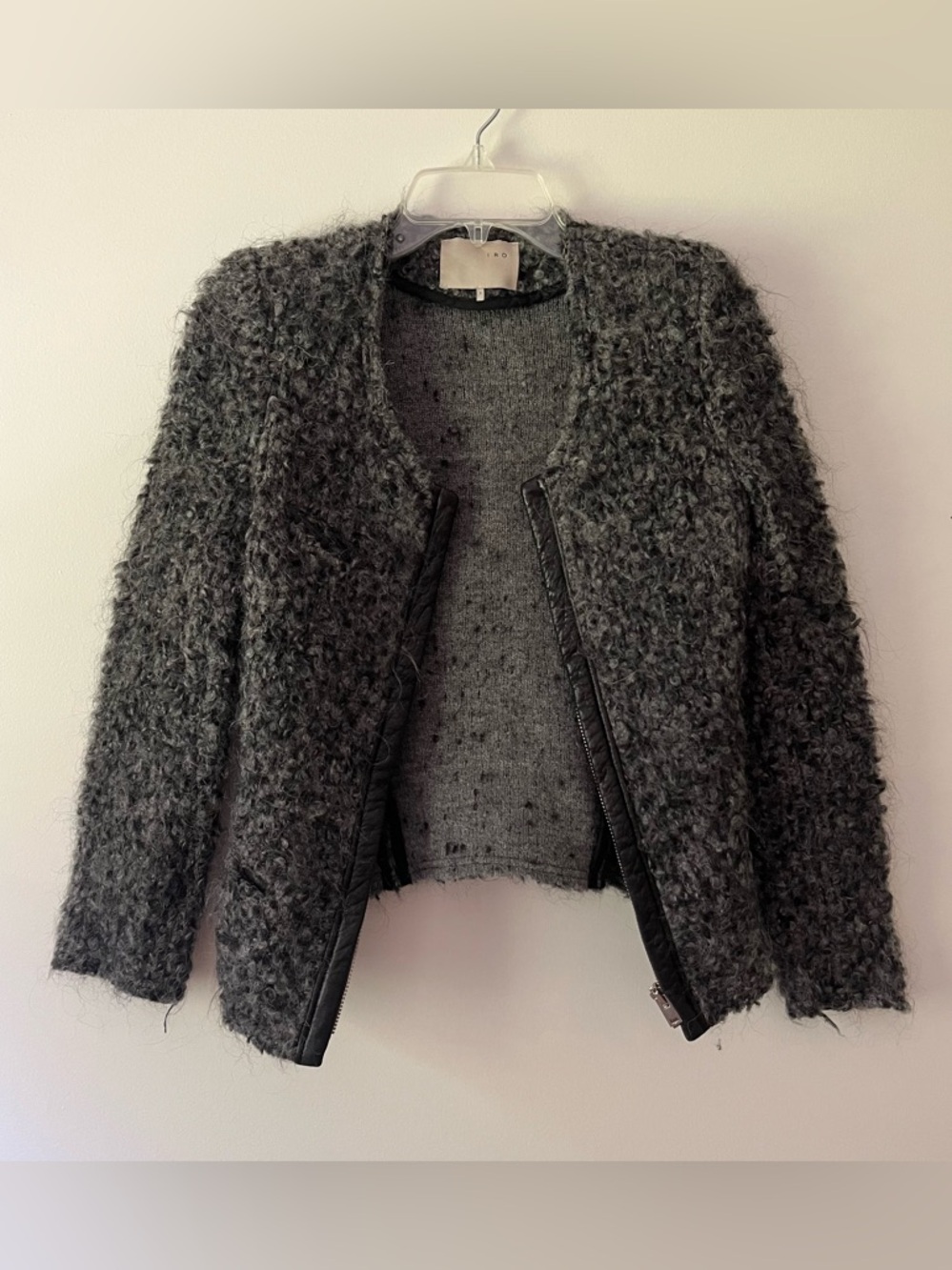 IRO Wool Bouclé Jacket Grey Moto Chic Leather Modern Edgy Paris French